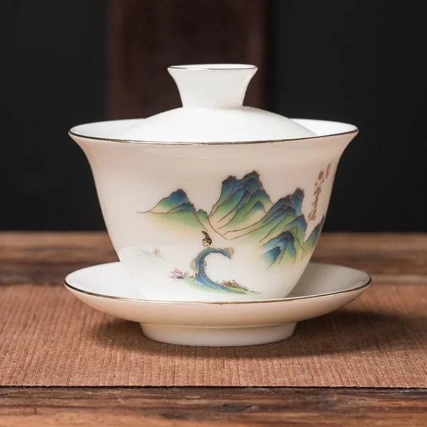 Jade-White Dehua Gaiwan – Guyue / Green Landscape