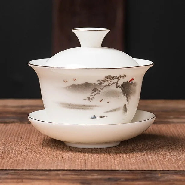 Jade-White Dehua Gaiwan – Zhiyin / Landscape