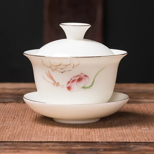 Jade-White Dehua Gaiwan – Zhiyin / Dragonfly & Lotus