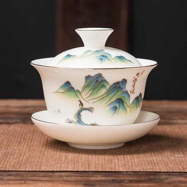 Jade-White Dehua Gaiwan – Zhiyin / Green Landscape