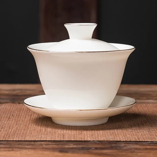 Jade-White Dehua Gaiwan – Guyue / Gold Rim