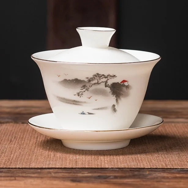 Jade-White Dehua Gaiwan – Guyue / Landscape