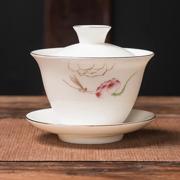 Jade-White Dehua Gaiwan – Guyue / Dragonfly & Lotus