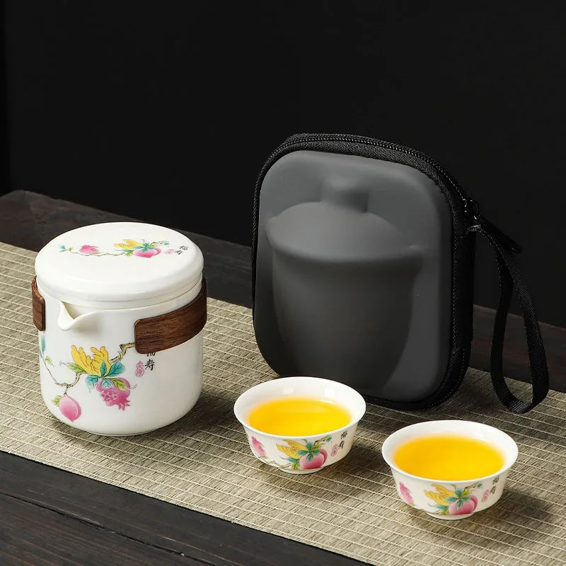 Jade-white porcelain kuaike travel tea set with wooden sleeve, two cups and zip case – photo 1