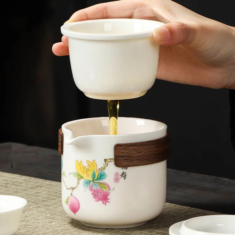 Jade-white porcelain kuaike travel tea set with wooden sleeve, two cups and zip case – photo 3