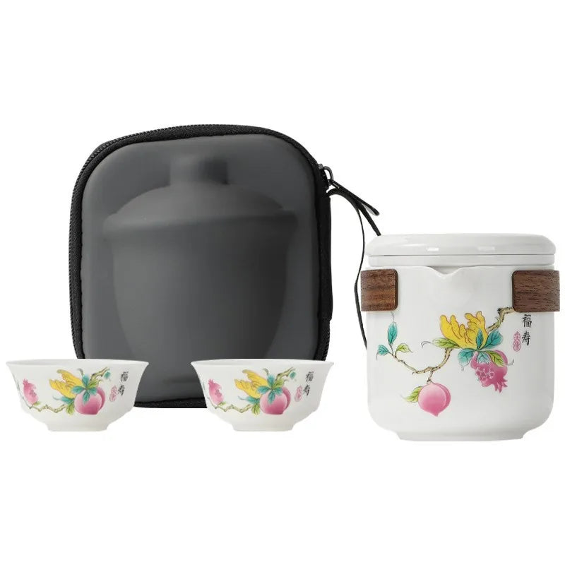 Jade-white porcelain kuaike travel tea set with wooden sleeve, two cups and zip case – photo 4