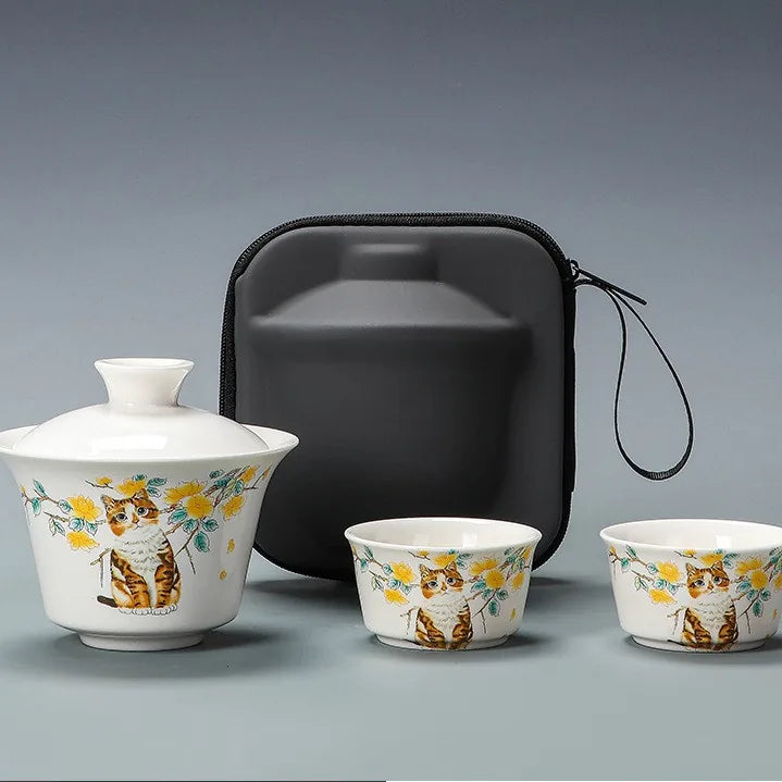 Jade-White Porcelain Gaiwan Travel Tea Set – Cat