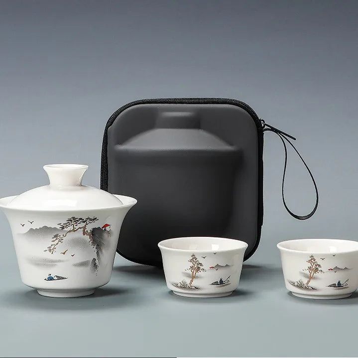Jade-White Porcelain Gaiwan Travel Tea Set – Boating on the Lake