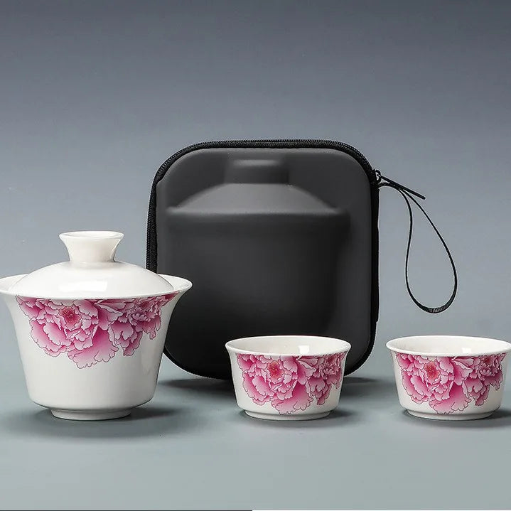 Jade-White Porcelain Gaiwan Travel Tea Set – Red Peony