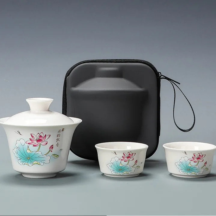 Jade-White Porcelain Gaiwan Travel Tea Set – Lotus