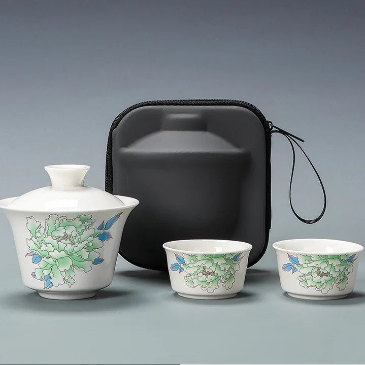 Jade-White Porcelain Gaiwan Travel Tea Set – Green Peony