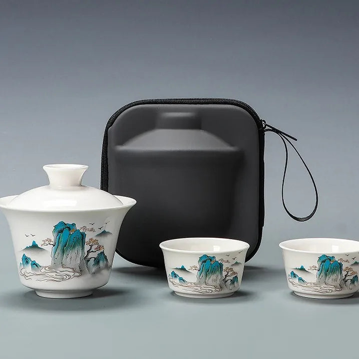 Jade-White Porcelain Gaiwan Travel Tea Set – Mountains