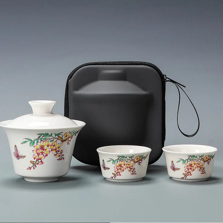 Jade-White Porcelain Gaiwan Travel Tea Set – Peach Blossom