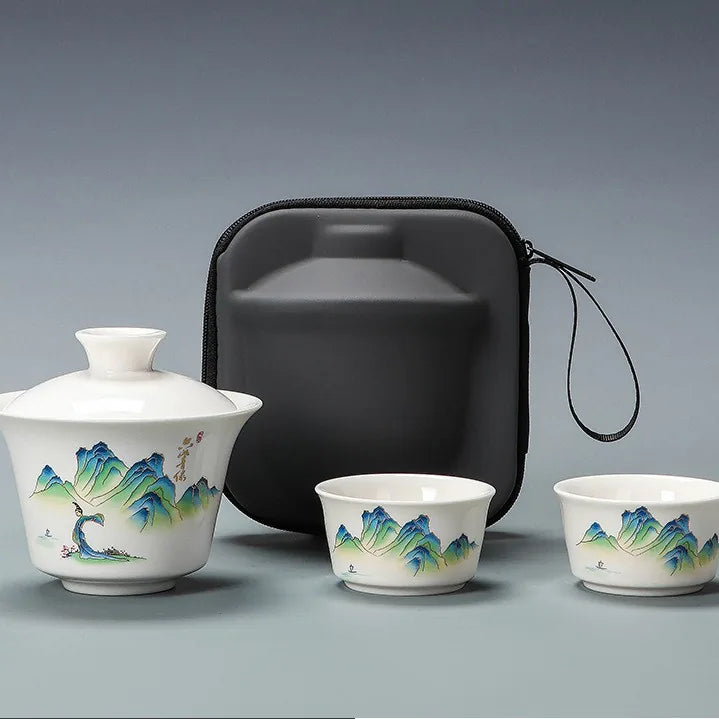 Jade-White Porcelain Gaiwan Travel Tea Set – Green Landscape