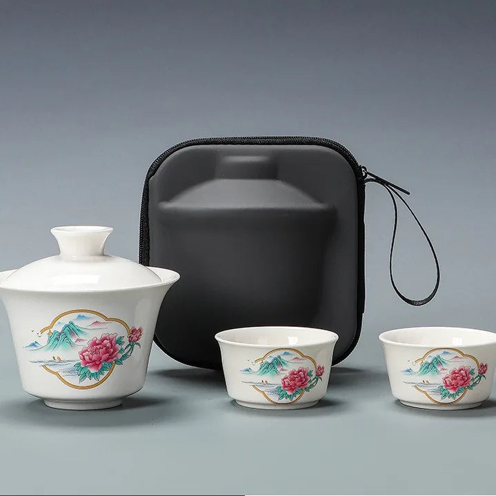 Jade-White Porcelain Gaiwan Travel Tea Set – Peony