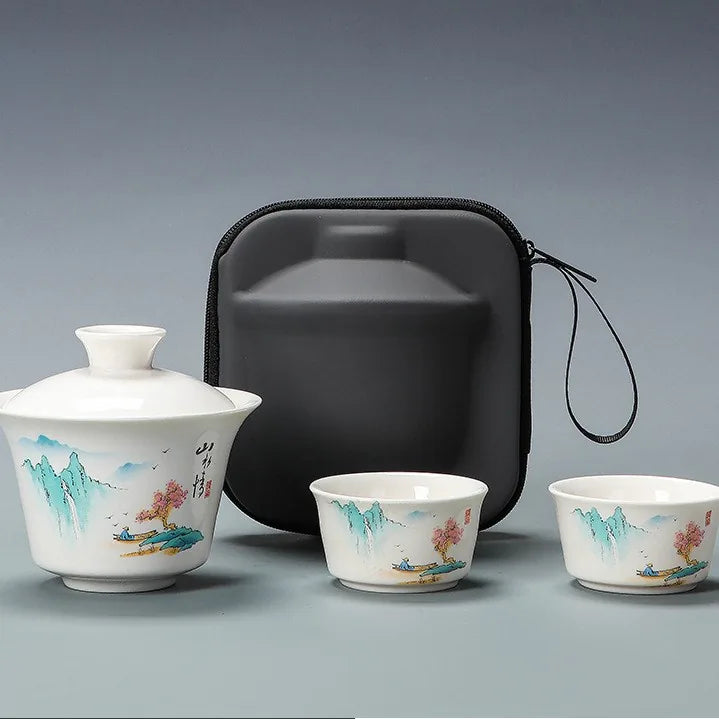 Jade-White Porcelain Gaiwan Travel Tea Set – Landscape