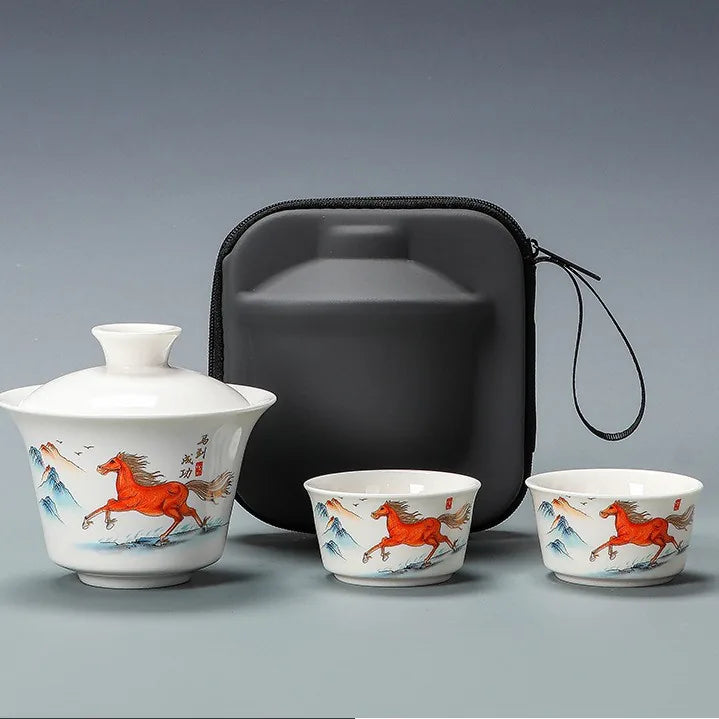Jade-White Porcelain Gaiwan Travel Tea Set – Galloping Horse