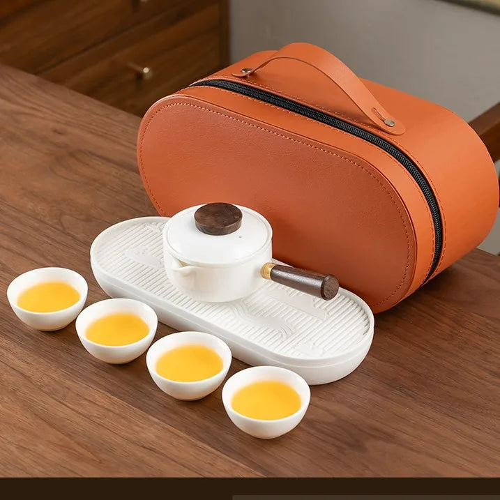 Jade-White Porcelain Travel Tea Set with Tray – Round Side-Handle Pot / 6 Pieces