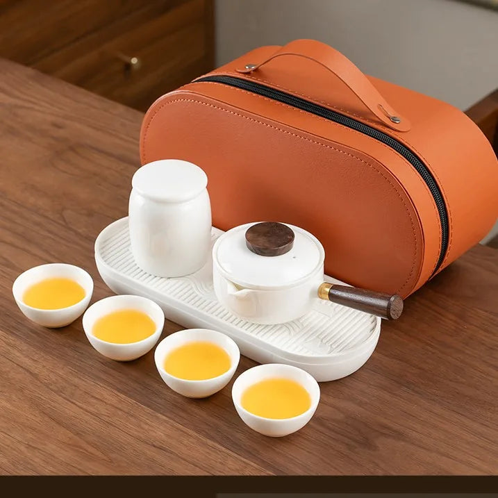 Jade-White Porcelain Travel Tea Set with Tray – Round Side-Handle Pot / 7 Pieces
