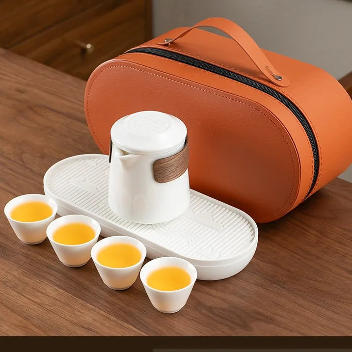 Jade-White Porcelain Travel Tea Set with Tray – Blessing Hand-Grip Pot / 6 Pieces