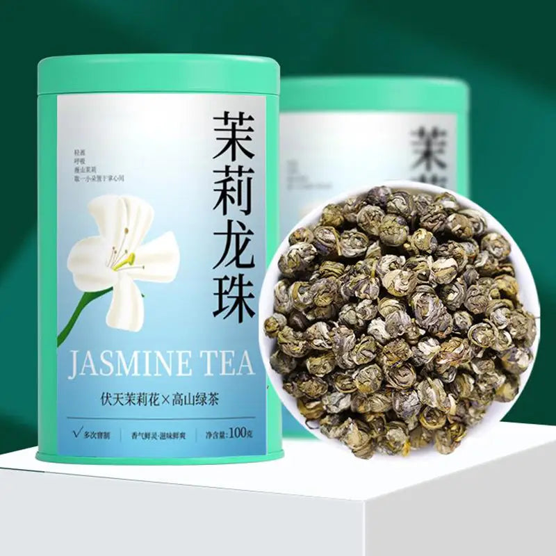 Jasmine tea in a green tin from Jasmine Dragon Ball Tea Leave, perfect for teapots and tea sets