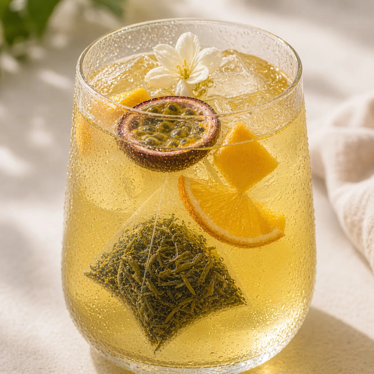 Teazelab Jasmine Sunset Cold Brew Tea drink color closeup