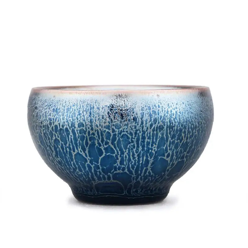 Blue and white crackle-glazed ceramic bowl from Jellyfish, a tenmoku jian zhan zhan tea bowl