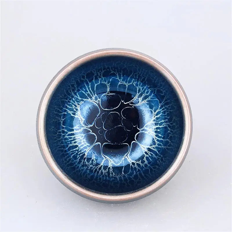 Blue ceramic crackle glaze Zhan tea bowl for crystalline bloom tea or Tenmoku Jian Zhan
