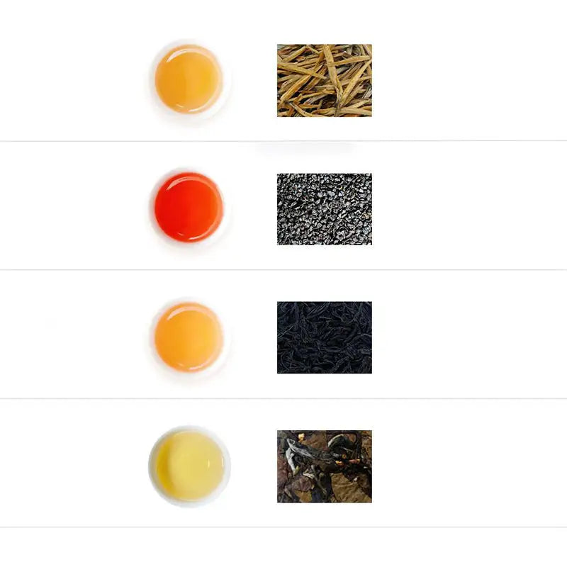 Color and texture samples in Jin Jun Mei Jasmine Tea Cinnamon Black Tea Rock Tea packaging for tea lovers