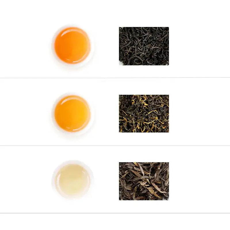 Tea leaves and brewed tea samples from Jin Jun Mei Jasmine Tea Cinnamon Black Tea Rock Tea set