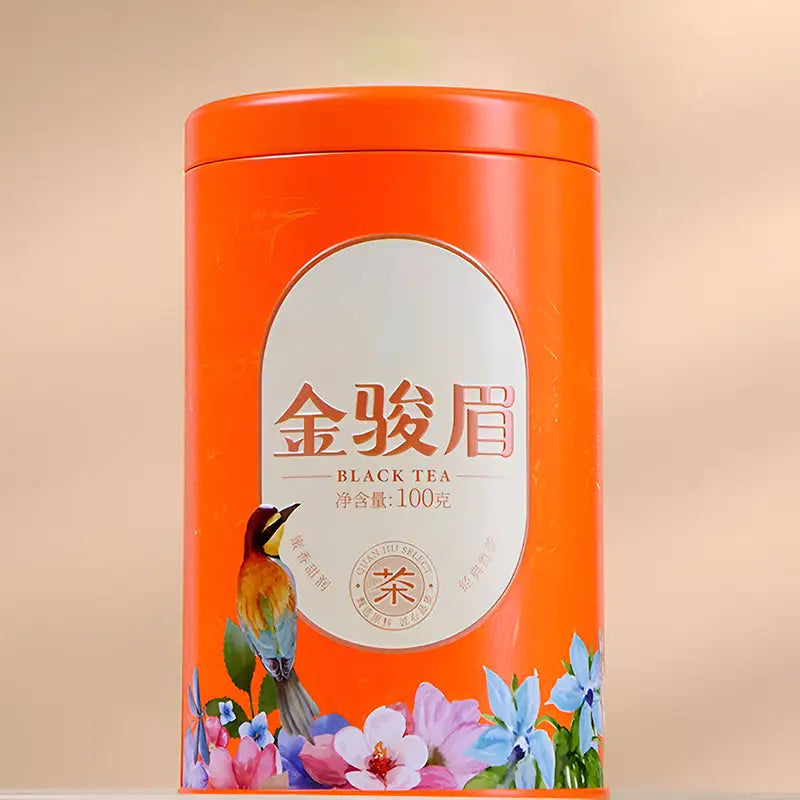 Orange Tea Tin with Bird and Flower Design for Jin Jun Mei Red Tea Leave, perfect for tea sets