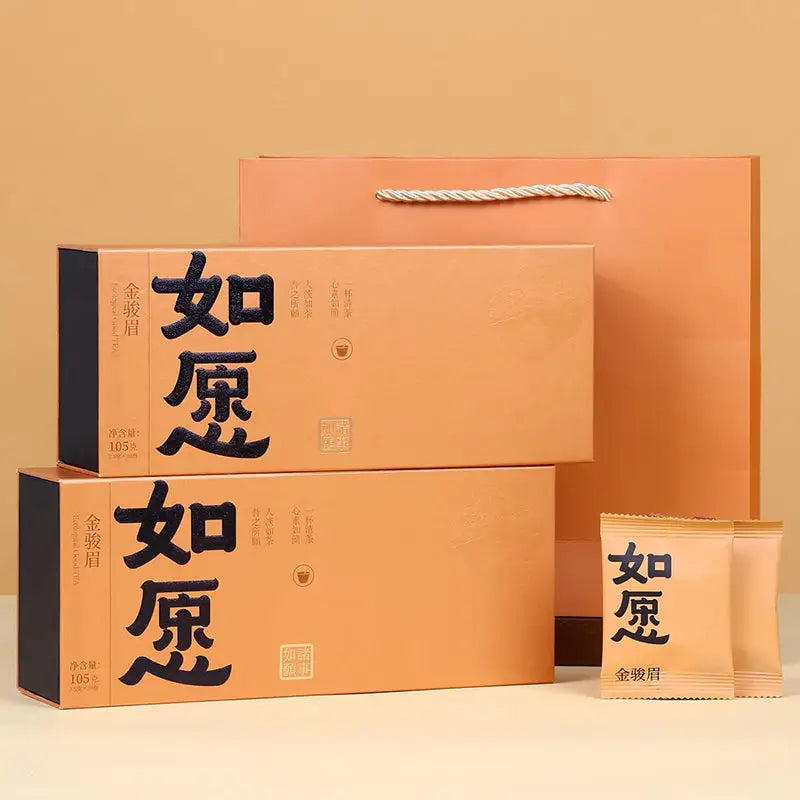Stacked gift boxes and bag for Jin Jun Mei Red Tea Leave, perfect with teapots and tea sets