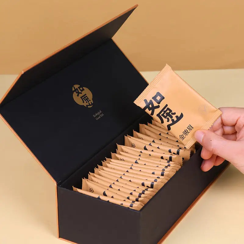Box of Jin Jun Mei Red Tea Leave packets for tea sets, mugs, and teapots enjoyment