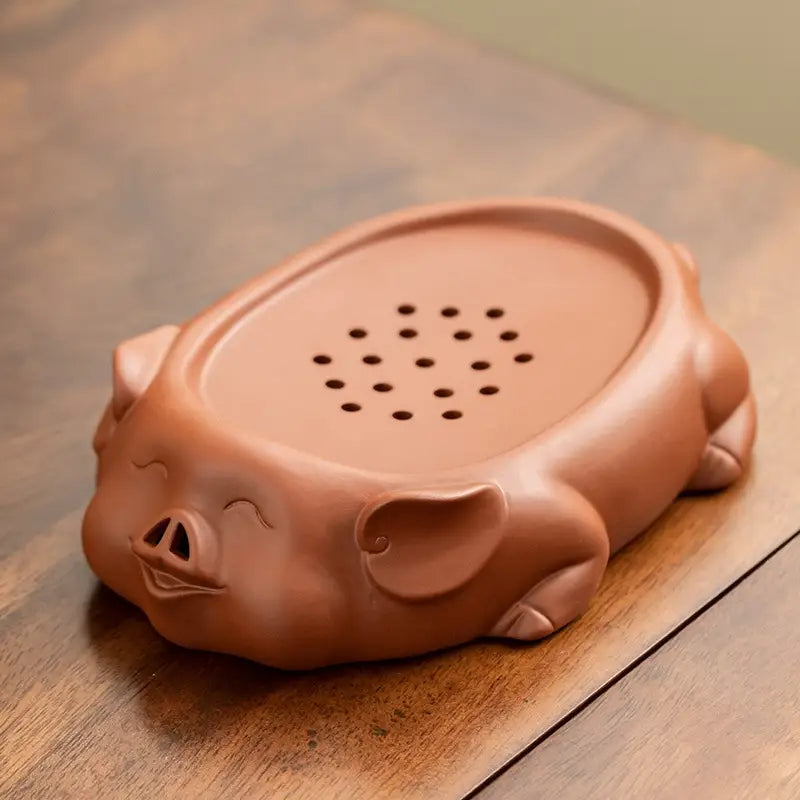 Brown ceramic pig tea tray from the Joyful Piglet Yixing Zisha teapot set