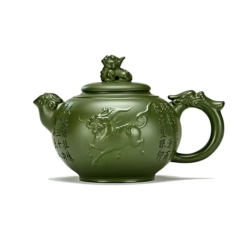 Green ceramic jianshui zitao teapot with dragon handle and bull relief from Kirin & Dragon