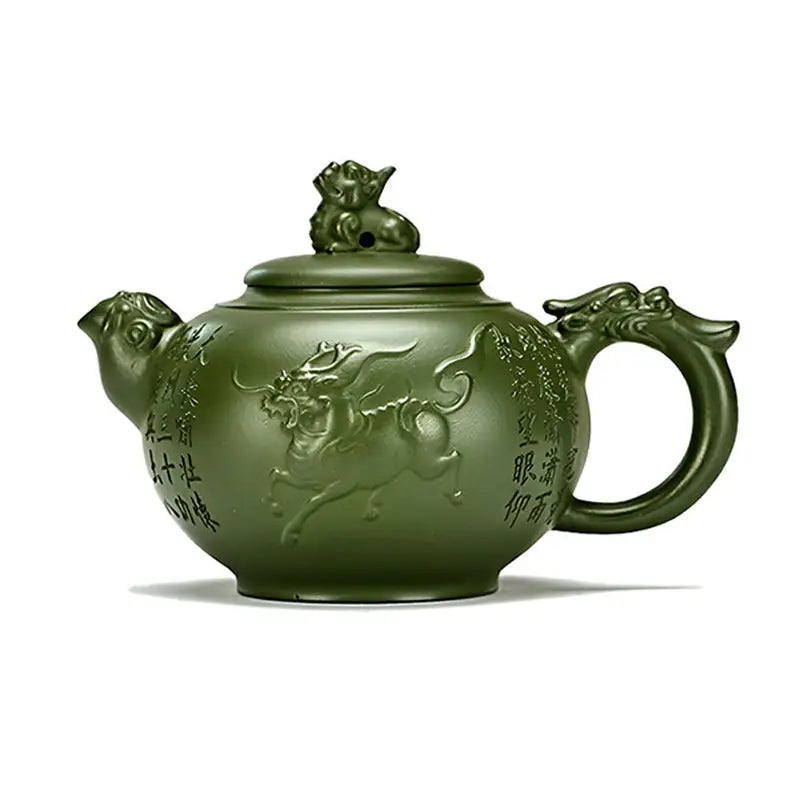 Green ceramic jianshui zitao teapot with dragon handle and lid figurine from Kirin & Dragon