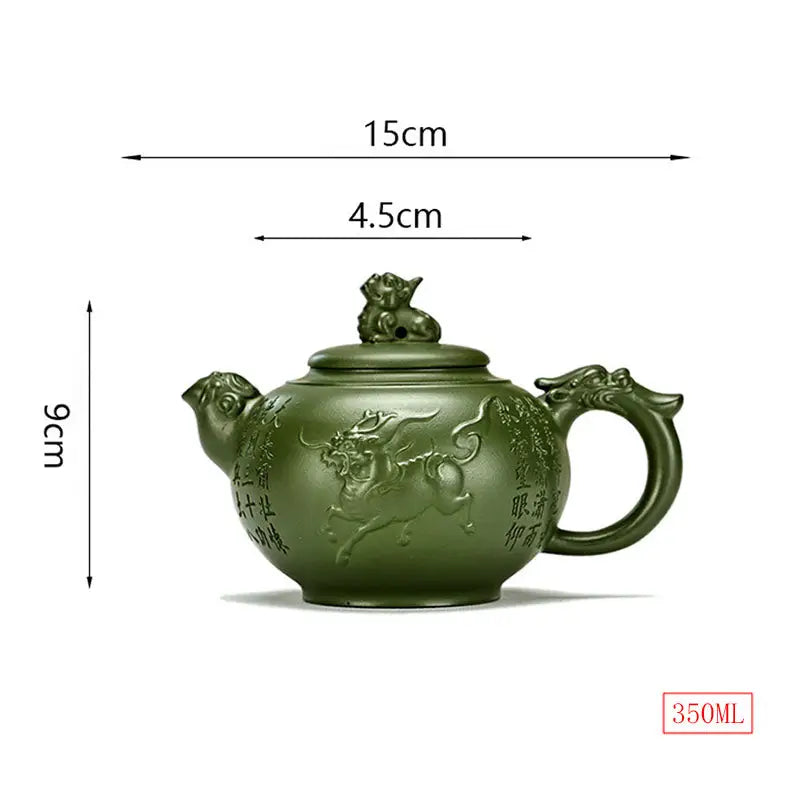 Green ceramic teapot with animal motifs from Kirin & Dragon, featuring jianshui zitao purple pottery teapots