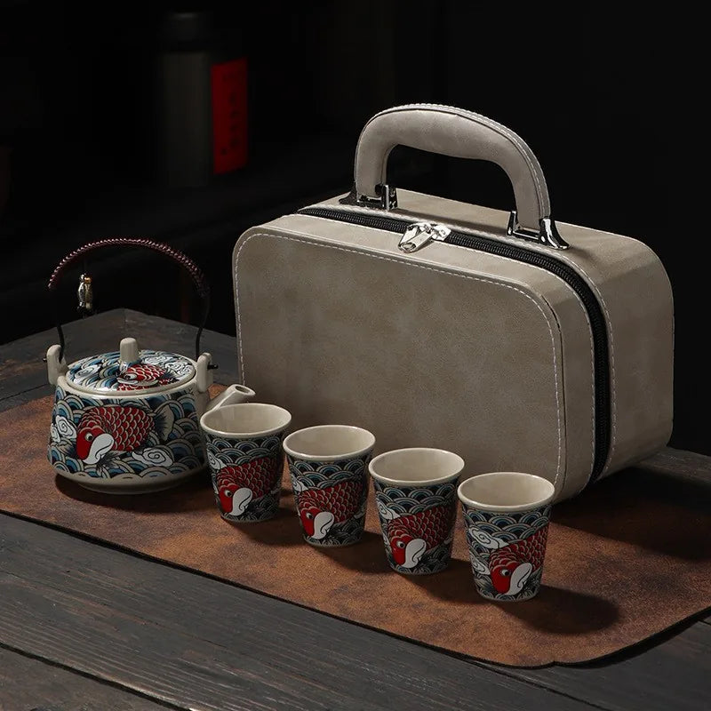 Koi and waves loop-handle teapot set with four cups and carry gift box – photo 1