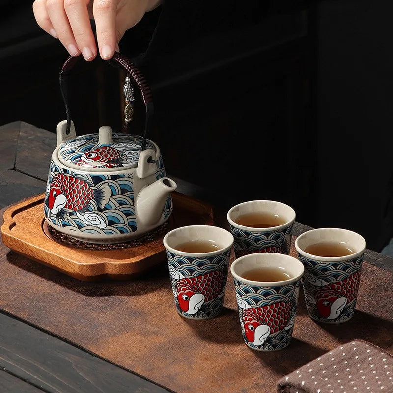 Koi and waves loop-handle teapot set with four cups and carry gift box – photo 2