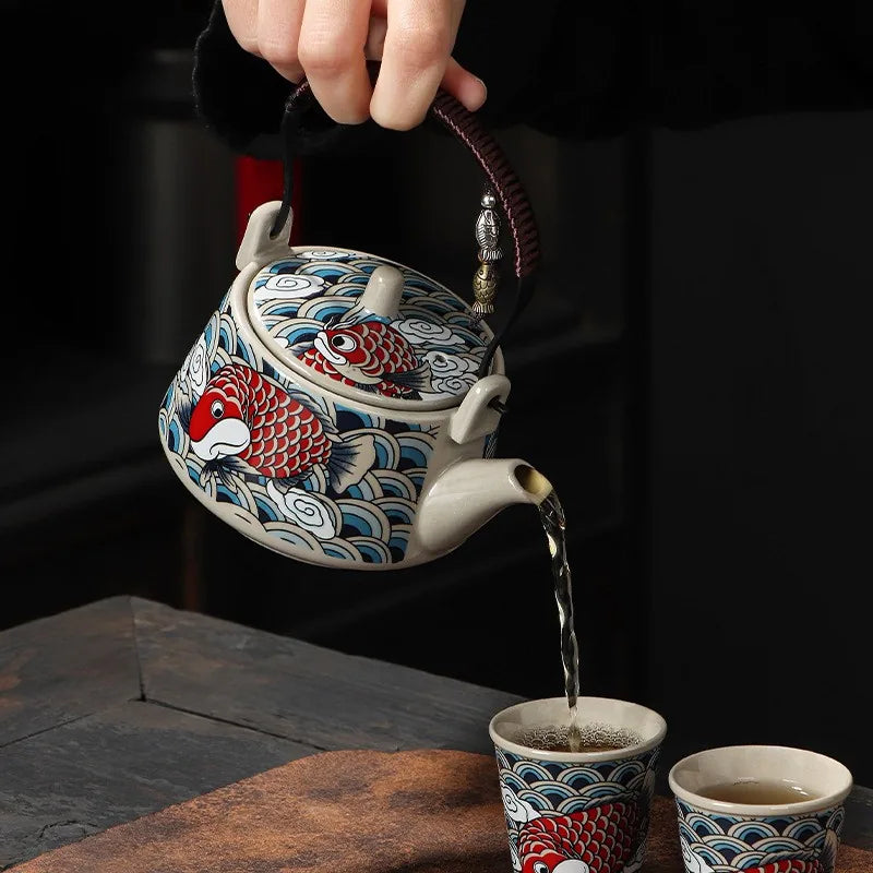 Koi and waves loop-handle teapot set with four cups and carry gift box – photo 4