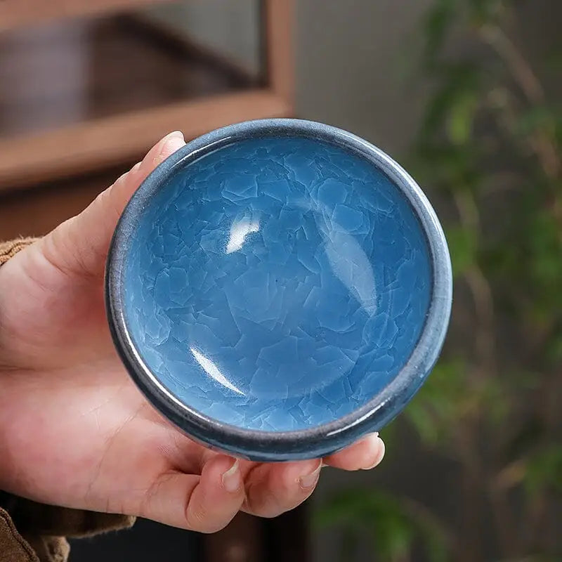 Lake Blue Zhan ceramic teacup with crackle glaze for Gongfu tea brewing