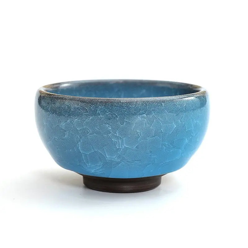 Lake Blue Zhan blue ceramic matcha bowl with crackle glaze, ideal for gongfu tea sessions