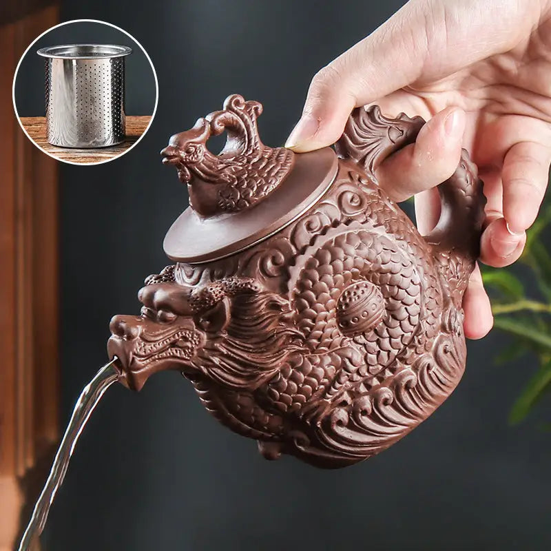 Dragon-shaped brown Jianshui teapot with water pouring out, made from Yunnan purple clay, part of the Imperial Roar Dragon collection