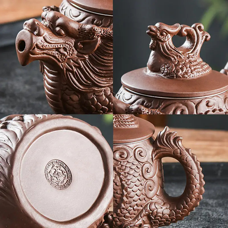 Brown dragon-themed Jianshui teapot crafted from Yunnan purple clay, Imperial Roar Dragon design
