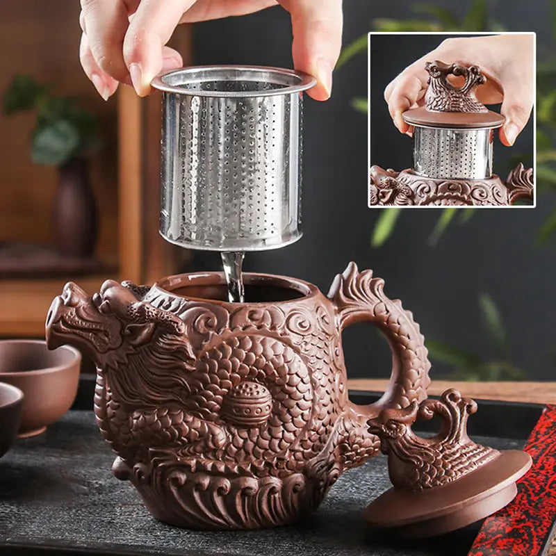 Brown dragon-shaped Yunnan Purple Clay Jianshui Teapot with metal strainer in Legendary Dragon