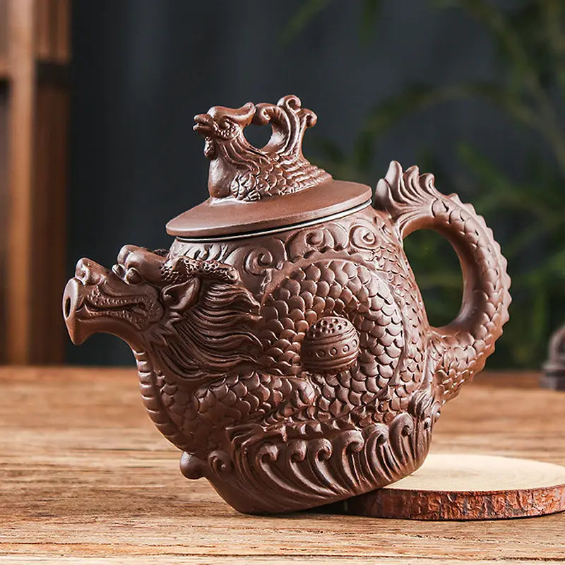 Brown Yunnan purple clay Jianshui teapot shaped like an imperial roar dragon