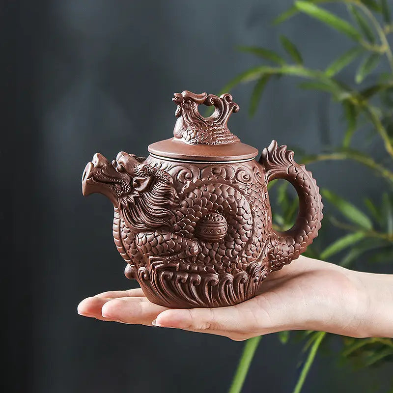 Brown dragon-shaped teapot crafted from Yunnan purple clay, Legendary Dragon Jianshui teapot