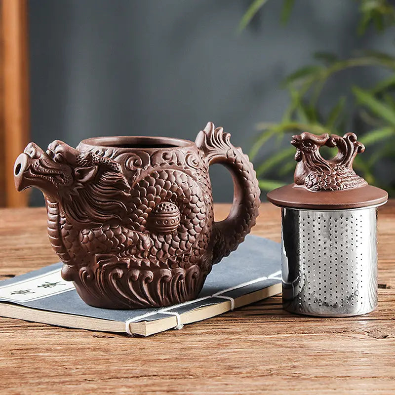 Brown Yunnan Purple Clay Jianshui Teapot with Imperial Roar Dragon shape and metal strainer