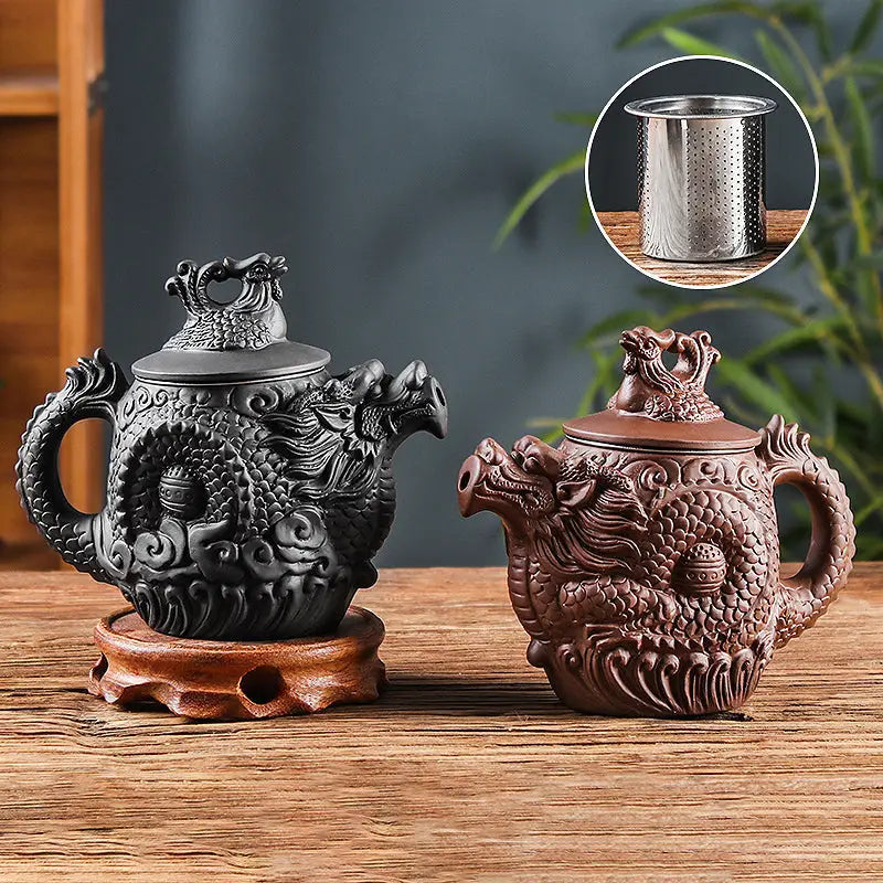 Dragon-shaped Jianshui teapot with infuser in Yunnan purple clay, Legendary Dragon design