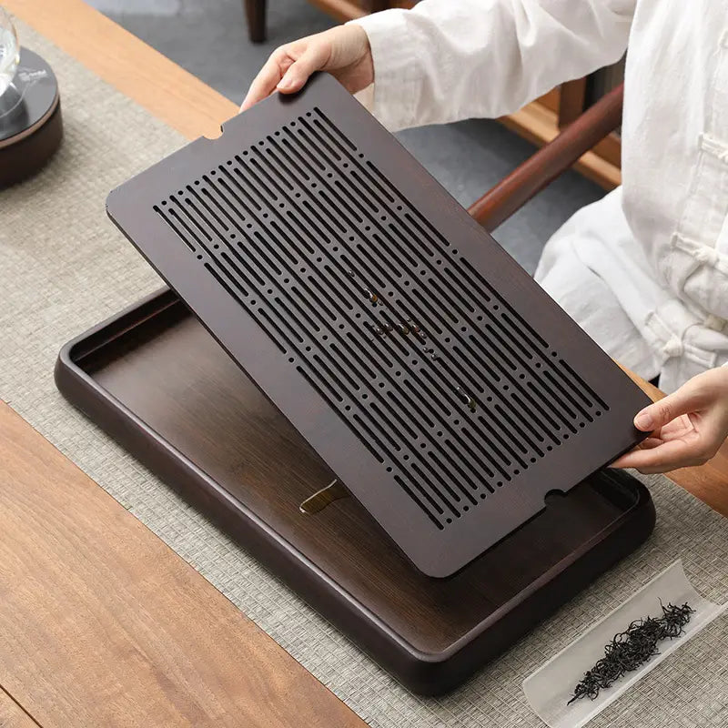 Dark brown Linear Harmony bamboo tea tray with slotted top for elegant tea serving
